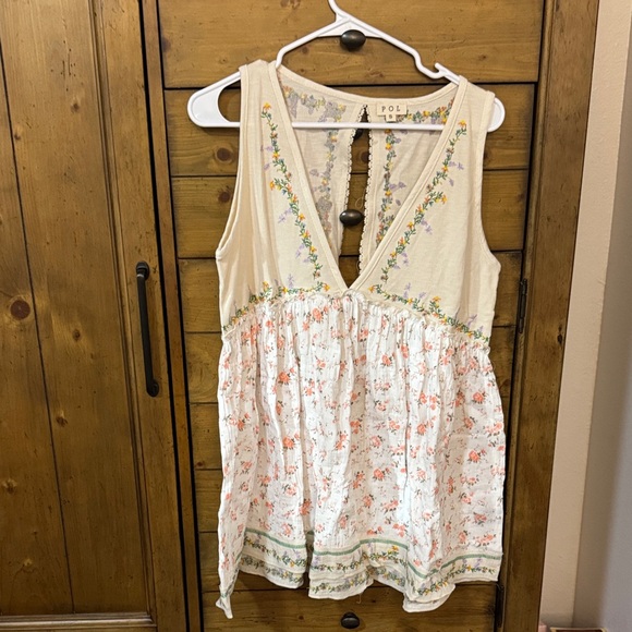 POL Tops - POL Cream Floral-Embroidered Sleeveless Camisole with Pink Print